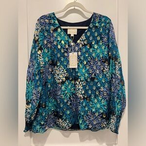 Sail to Sable Teal & Navy  with gold Floral V-Neck Blouse woman’s large